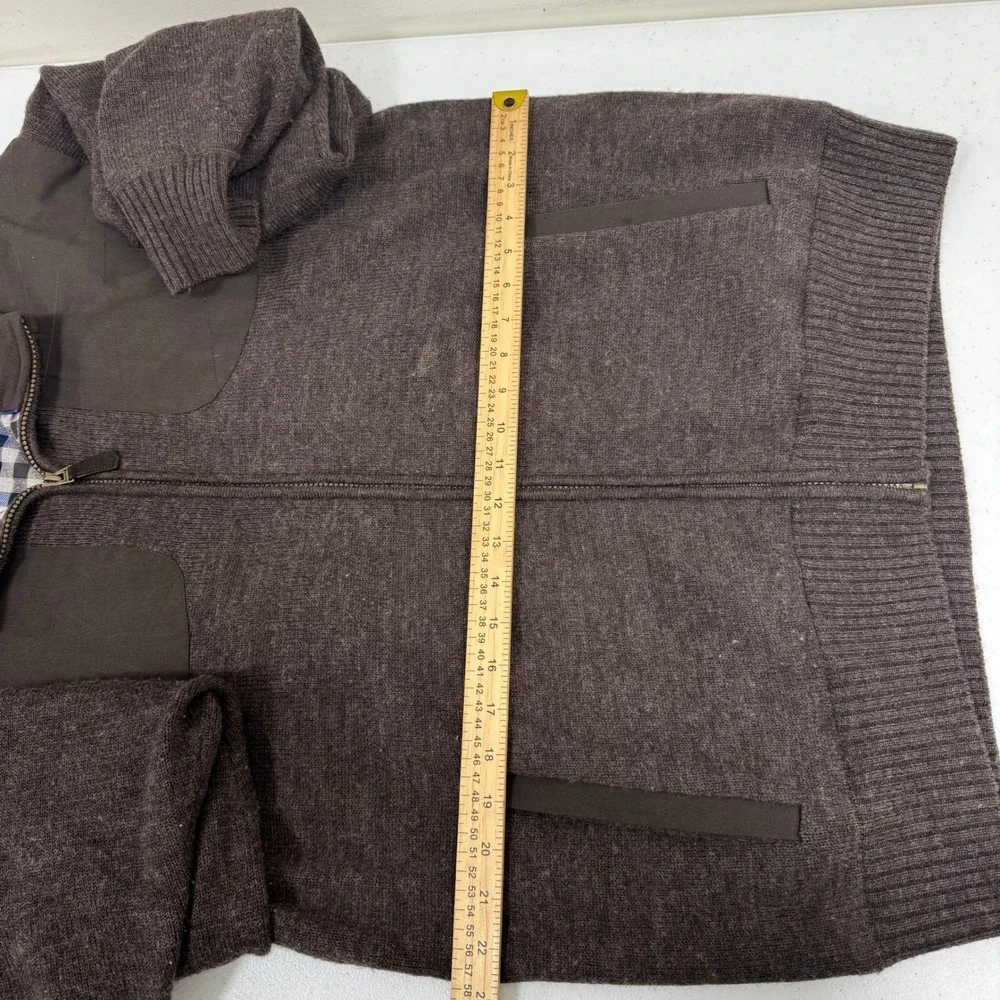 Orvis Mens Full Zip Knit Cardigan Sweater Brown Shoulder Patches Size‎ L Large